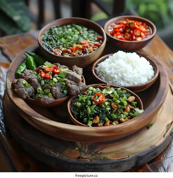 Indonesian Food Platter with Meat, Vegetables, and Rice