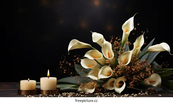 White calla lilies and candles on a dark background