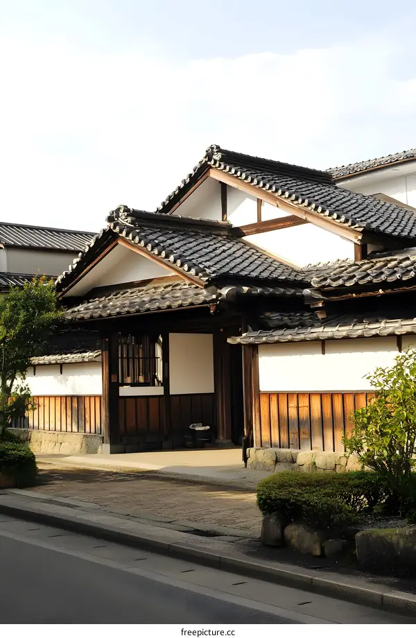 Traditional Japanese House with Tile Roof and Wooden Walls