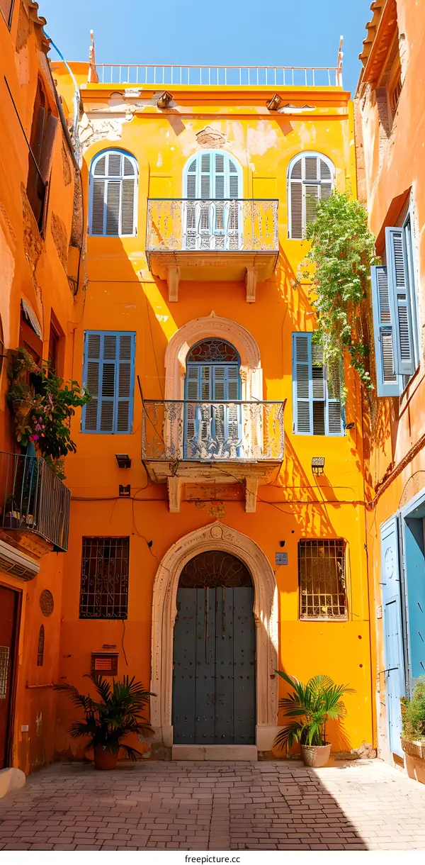 A beautiful photo of a colorful building with blue shutters