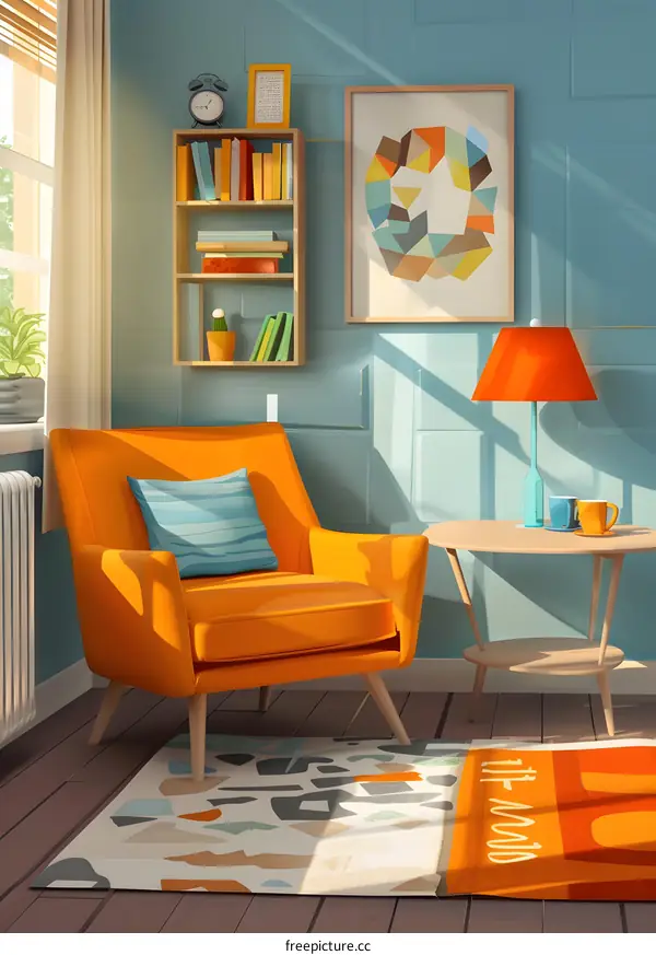 Modern Living Room Interior with Orange Armchair and Geometric Art