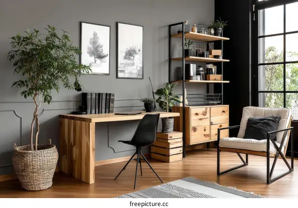 Modern Home Office with Wooden Desk and Chair