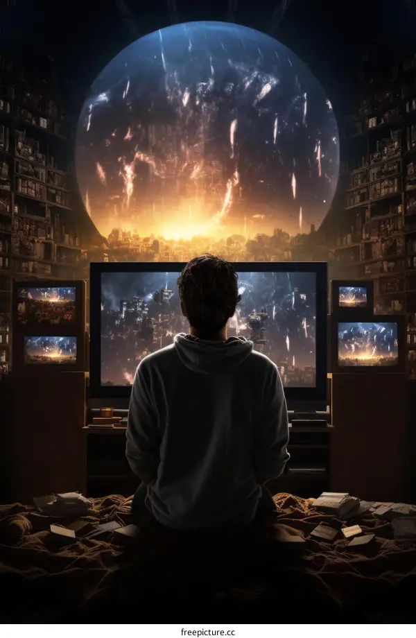 A boy watching the world ending from his living room