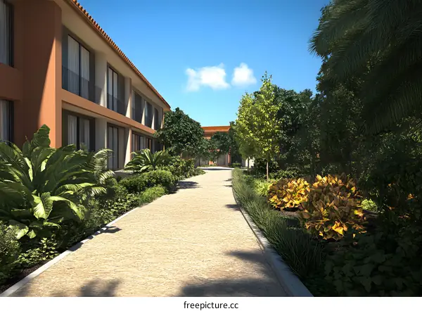 Tropical Resort Courtyard with Stone Path and Lush Greenery