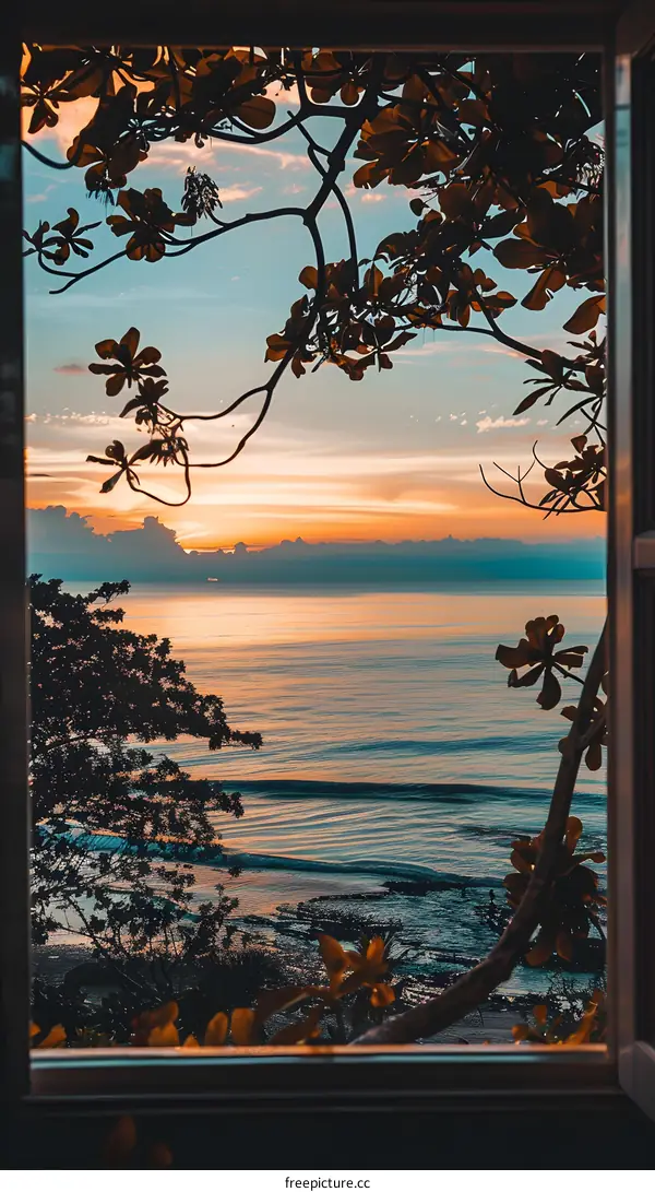 Sunrise View Through Window With Ocean and Trees