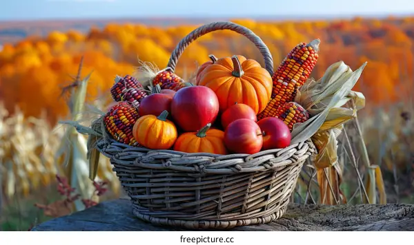 A basket full of pumpkins and apples in the fall