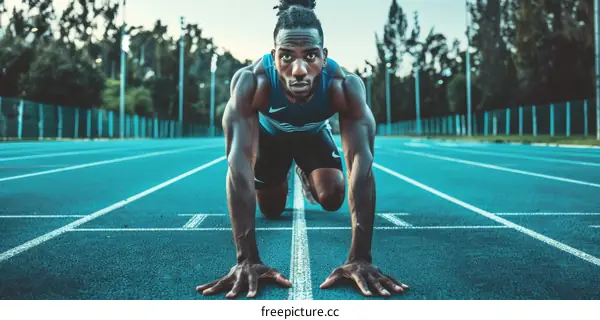 Black male runner getting ready to start a race