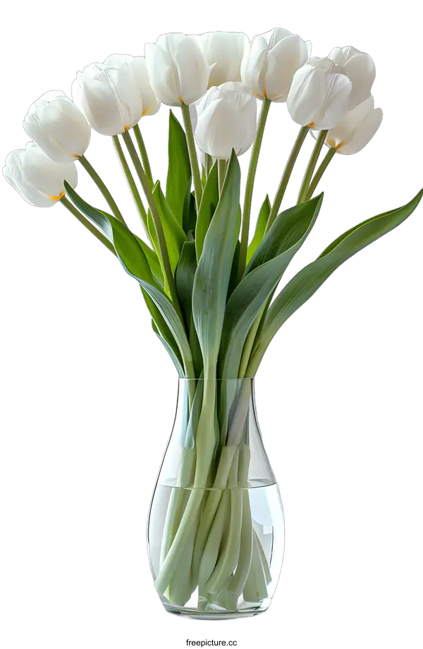 [Transparent Background PNG]White Tulips in a Glass Vase on a White Table