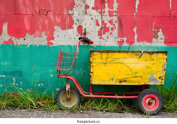 Rusty Red And Yellow Toy Cart Against A Green And Red Wall