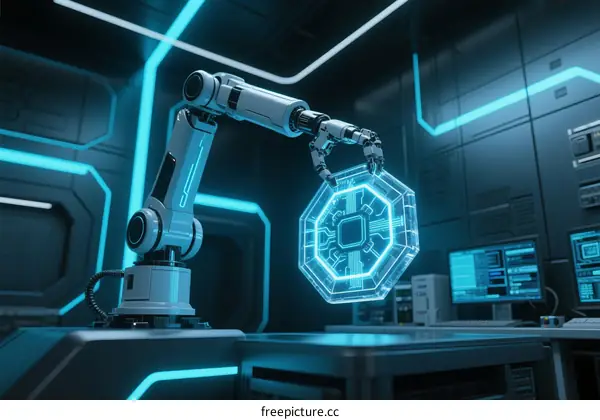 Robotic Arm Manipulating Holographic Interface in High-Tech Lab