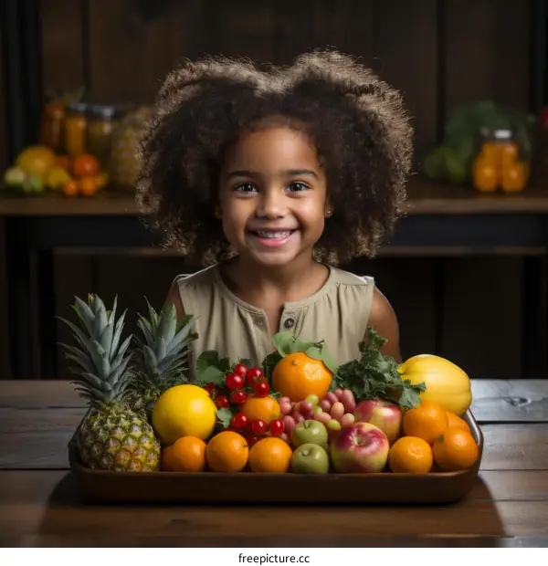 Little girl sitting at a table with a large bowl of fruit