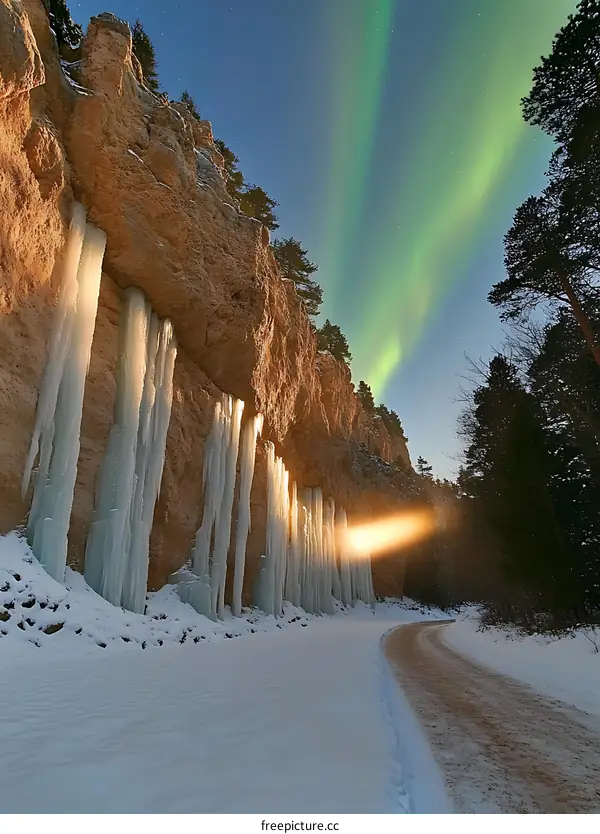 Winter Landscape with Aurora Borealis and Icicles