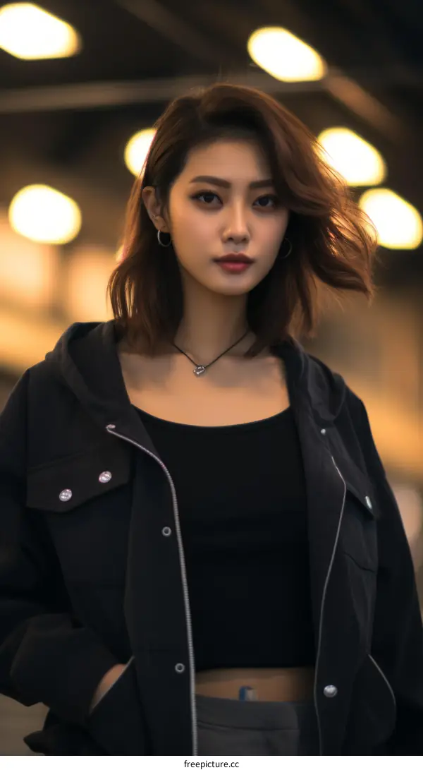 Portrait of a young Asian woman in a black jacket