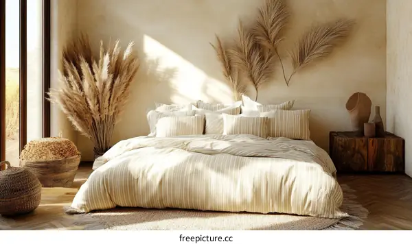 Beige bedroom interior design with pampas grass