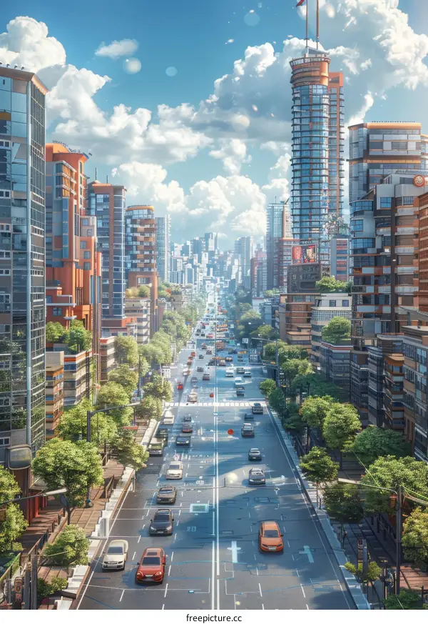 Modern Cityscape Illustration with Vehicles and People