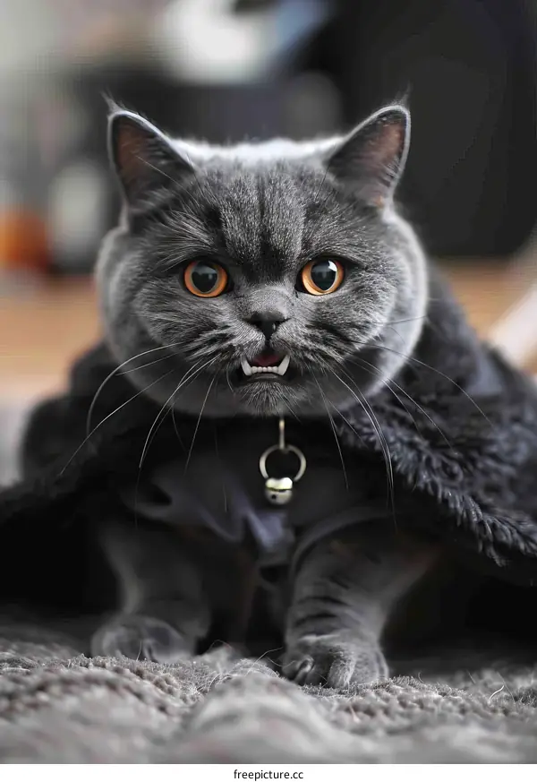 British Shorthair cat dressed up as a vampire
