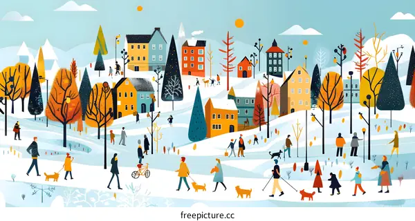 Winter Village Illustration With People Walking Their Dogs
