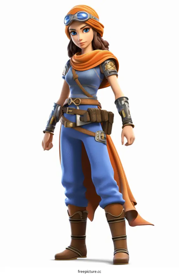 3D Fantasy Woman in Blue Outfit with Orange Scarf, Fighting Pose