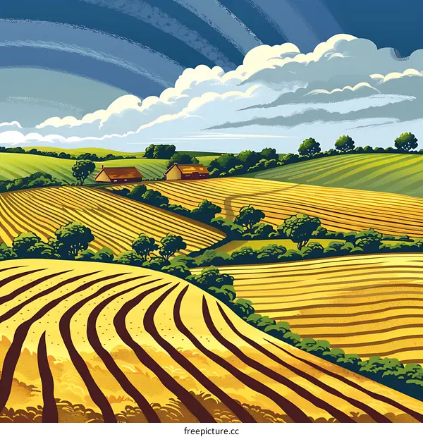 Farmland Landscape Illustration With Rolling Hills