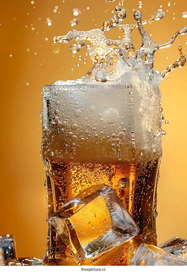 Glass Of Beer With Ice Cubes And Splash