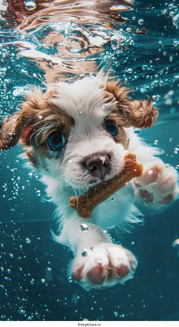 A cute puppy is swimming underwater with a bone in its mouth