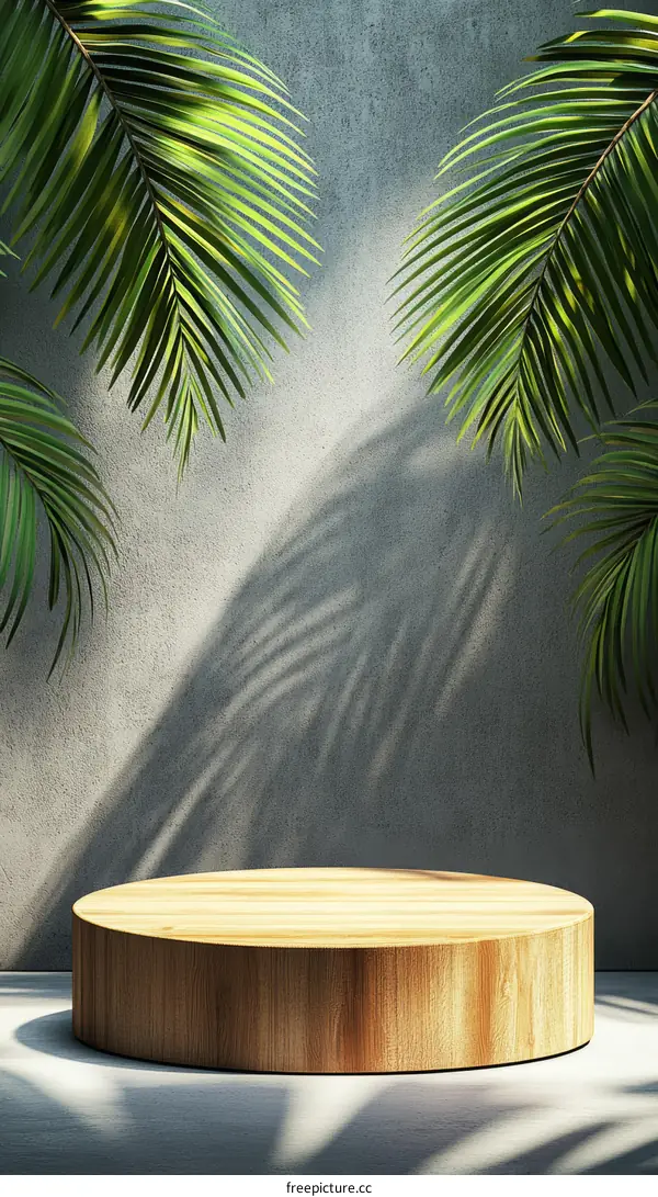 Wooden Display Stand with Tropical Palm Leaves