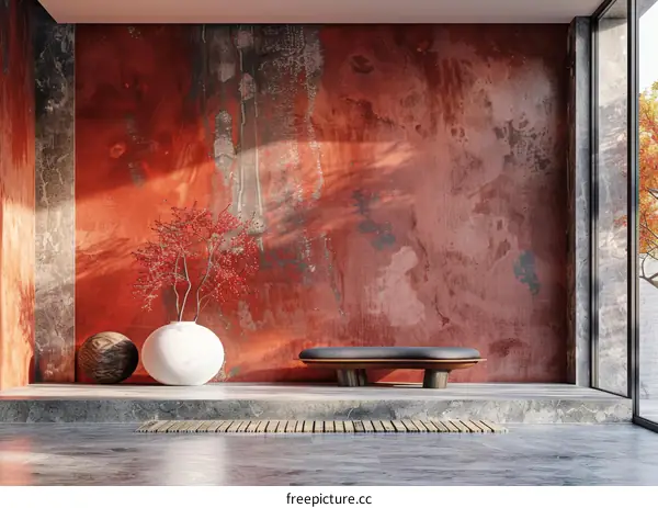 Modern Japanese Interior Design with Red Wall