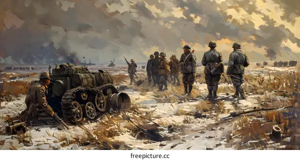 World War II Soldiers Standing Near a Wrecked Tank