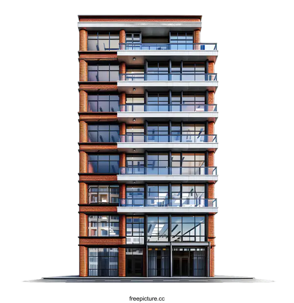[Transparent Background PNG]Modern Brick Building with Balconies and Large Windows