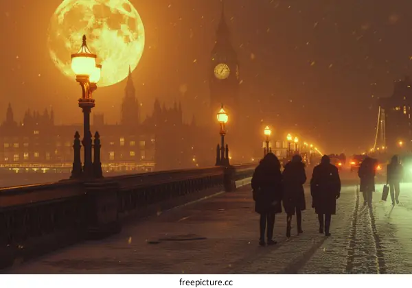 People walking on a bridge in London with a giant moon in the background