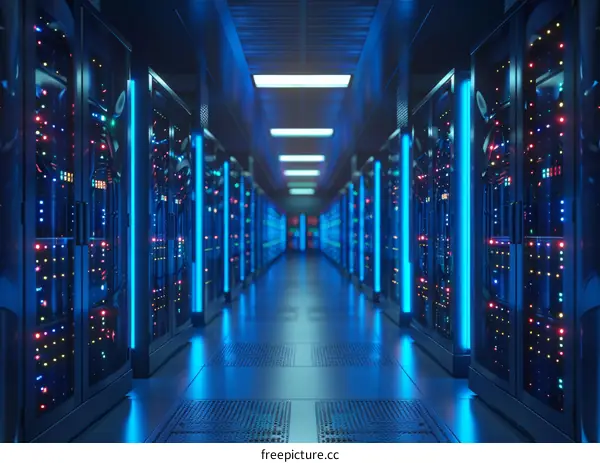 Futuristic data center with rows of server racks containing multiple server blades and colorful status lights illuminating the room