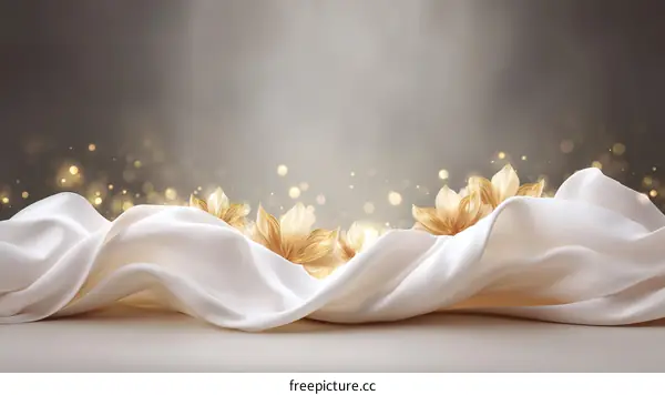Elegant White Satin Fabric with Golden Flowers