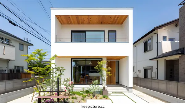 Modern White House with Wooden Accents and Garden