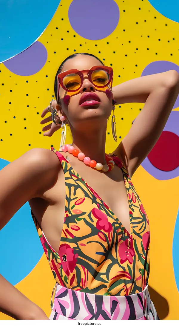 Woman in Yellow Floral Dress Posing in Front of Colorful Wall