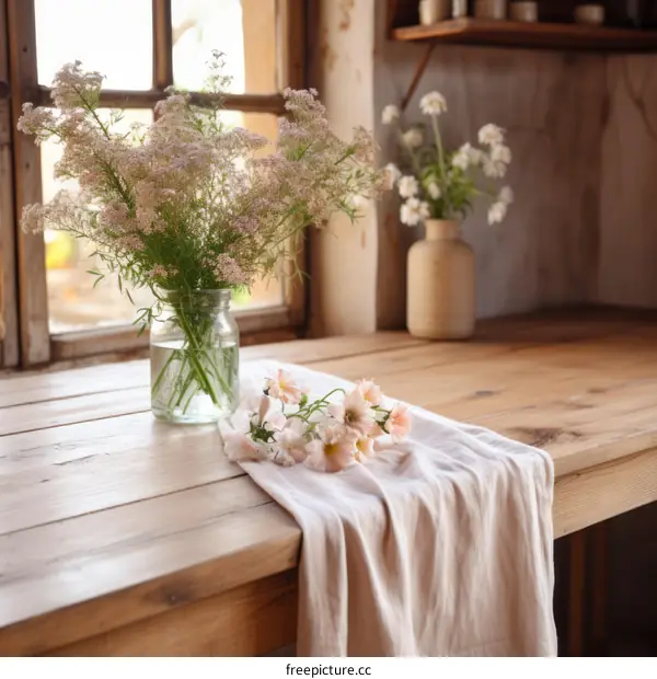 A beautiful bouquet of flowers on a wooden table near the window