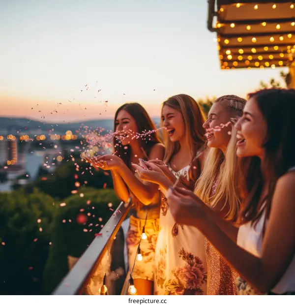 Four young women celebrating with confetti at sunset