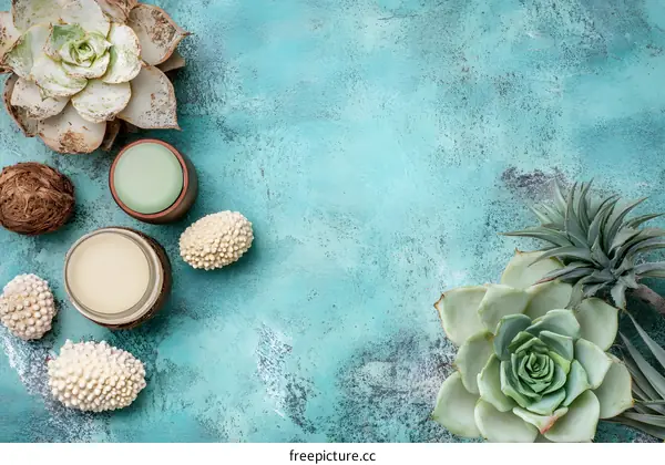 Green Succulents and Cream Jars on Teal Background
