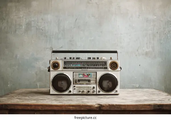 Vintage Retro Boombox on Wooden Table against a Concrete Wall