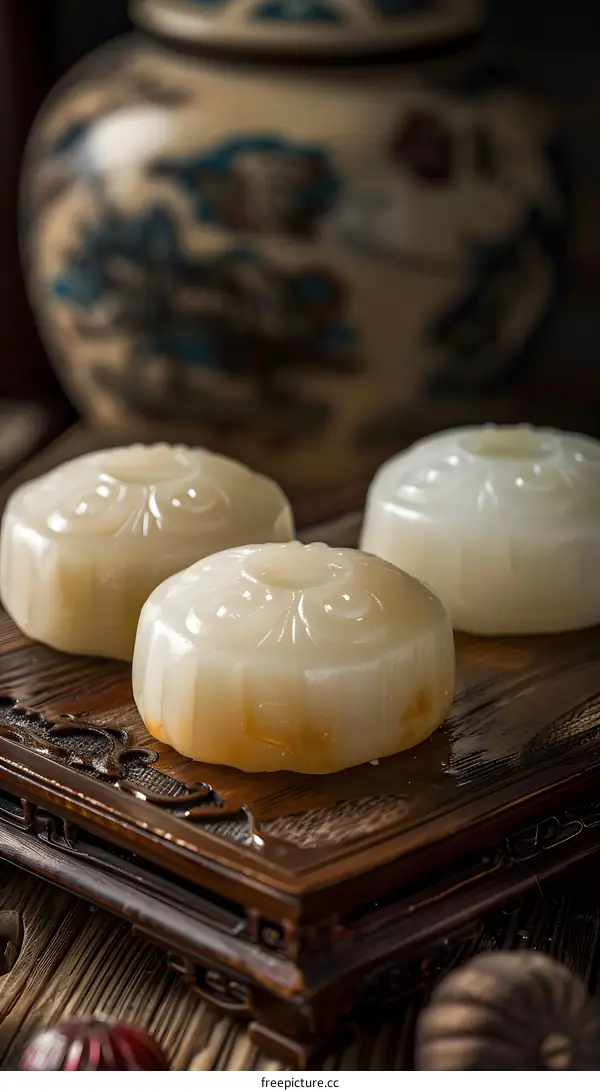Traditional Chinese Sweet Mooncake Pastry on Wooden Plate