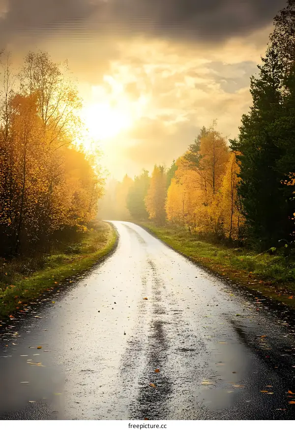 Autumn Road With Sun Through Trees