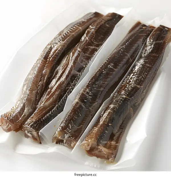 Packaged smoked fish fillets on white background