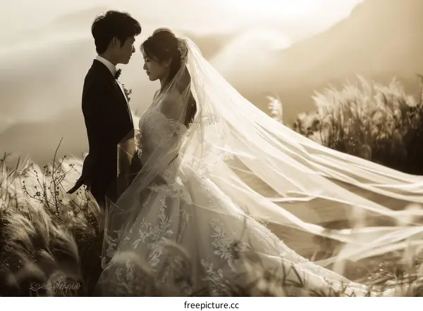 Bride and Groom in Field at Sunset Wedding Ceremony