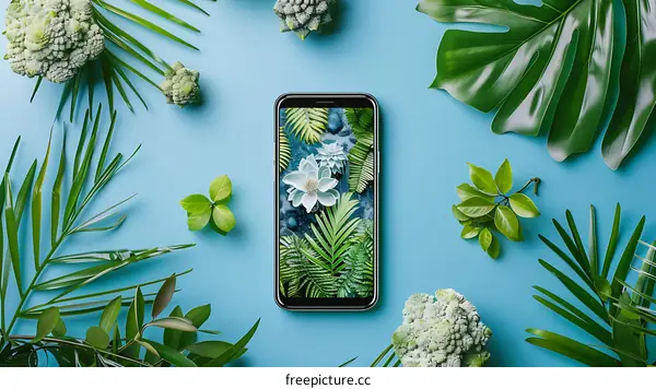 Green Leaves Surrounding Phone with Tropical Wallpaper