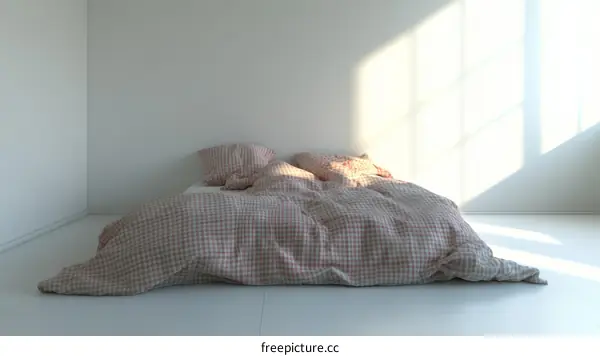Empty White Bedroom with Pink Checked Bedding