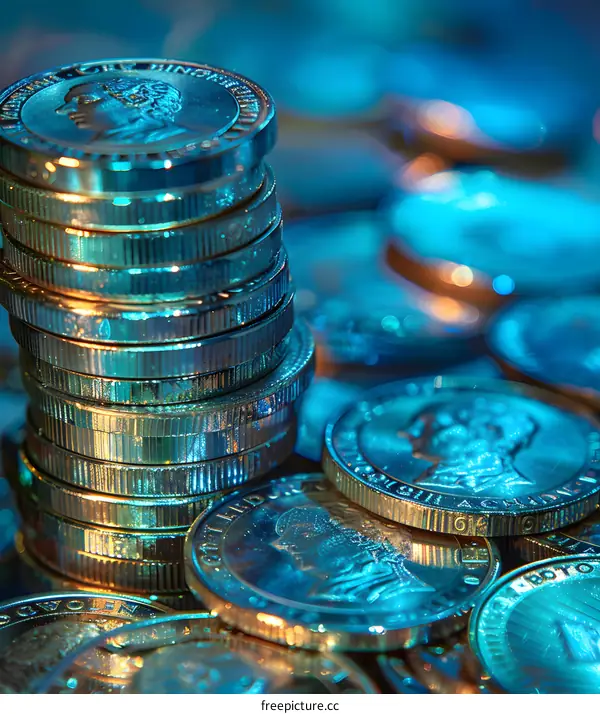 A stack of gold coins with a blue background