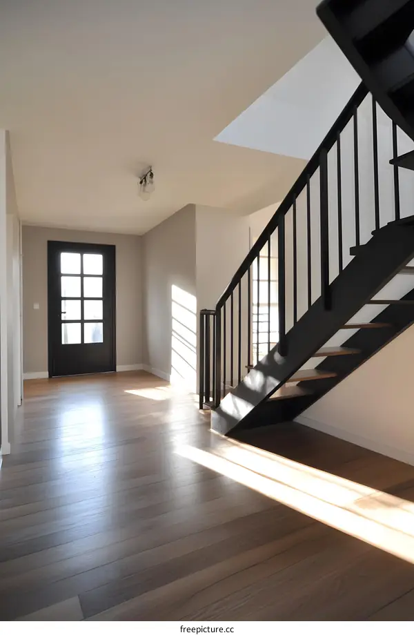 Modern Interior Design with Black Stairs and Wooden Flooring