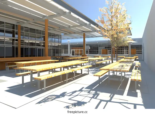 Modern Design Outdoor Patio Area With Tables And Benches