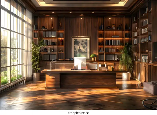 Luxury home office interior with wooden wall paneling and large windows
