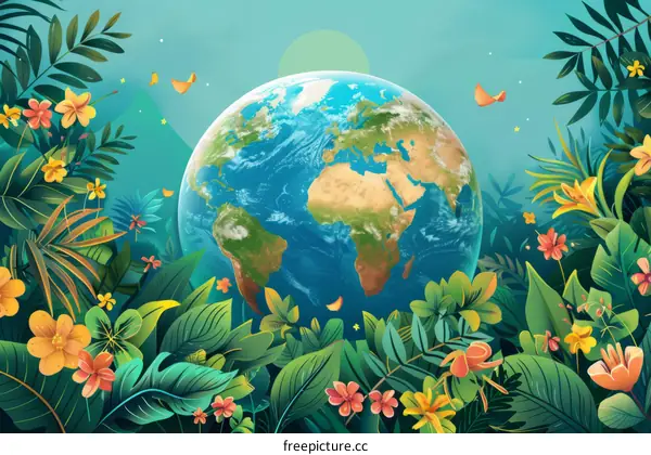 lush foliage and flowers surround a globe