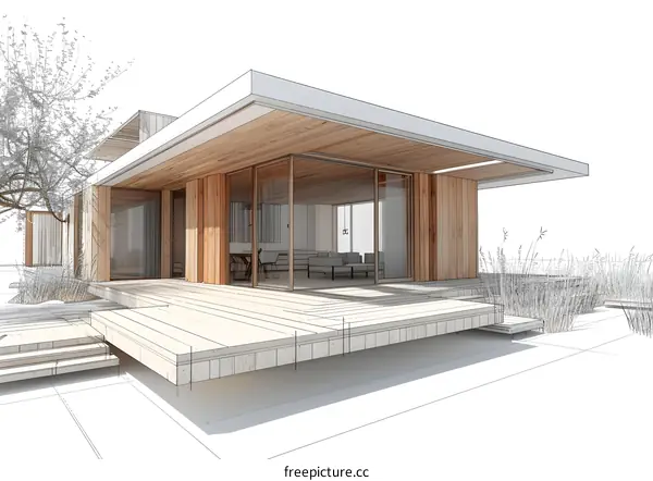 Modern House Architectural Sketch Design With Wood